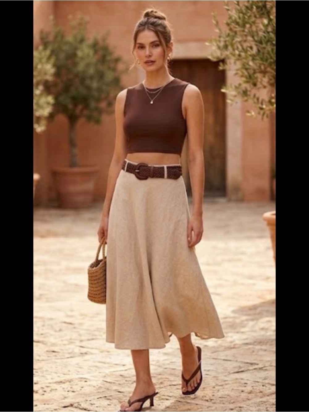 Vintage Y2K Sears Covington Linen Blend Flowy Boho Midi A-Line Beige 14 New